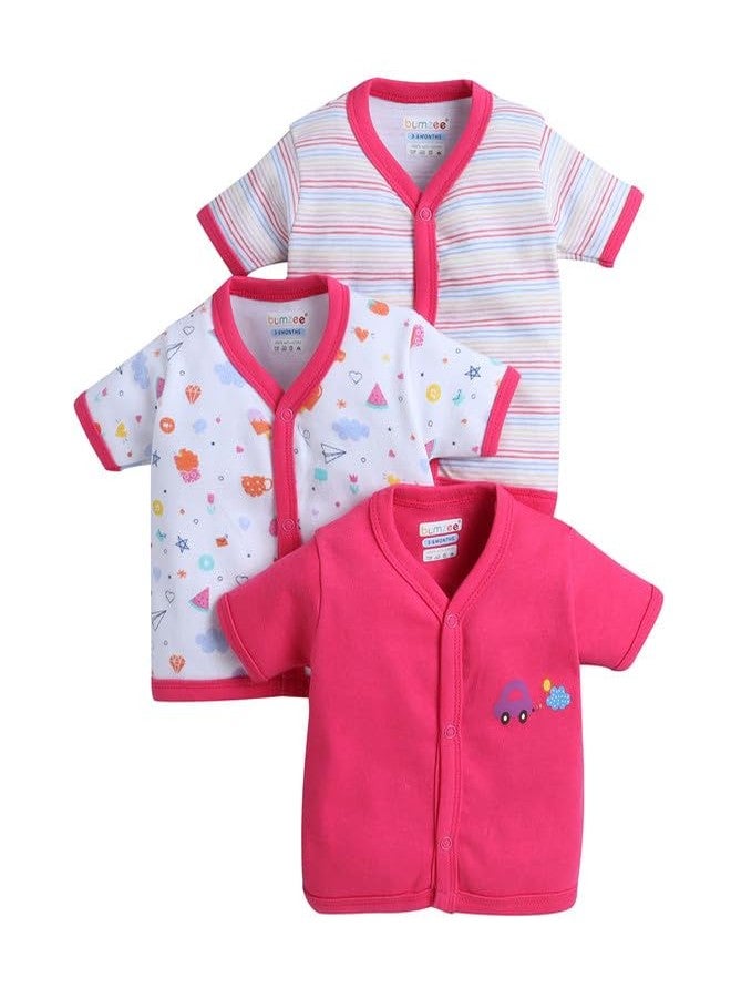 BUMZEE Baby Girls Cotton Pack of 3 Front Open Jablas Half Sleeves Pink & White - 0-3 Months (Peb10536B-pnk) - Image 1