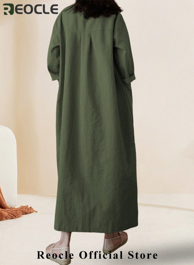 REOCLE Women's Maxi Dress Cotton Linen Dress Long Sleeve Casual Long Dress with Pockets Simple Loose Round Neck Dress  - Image 2