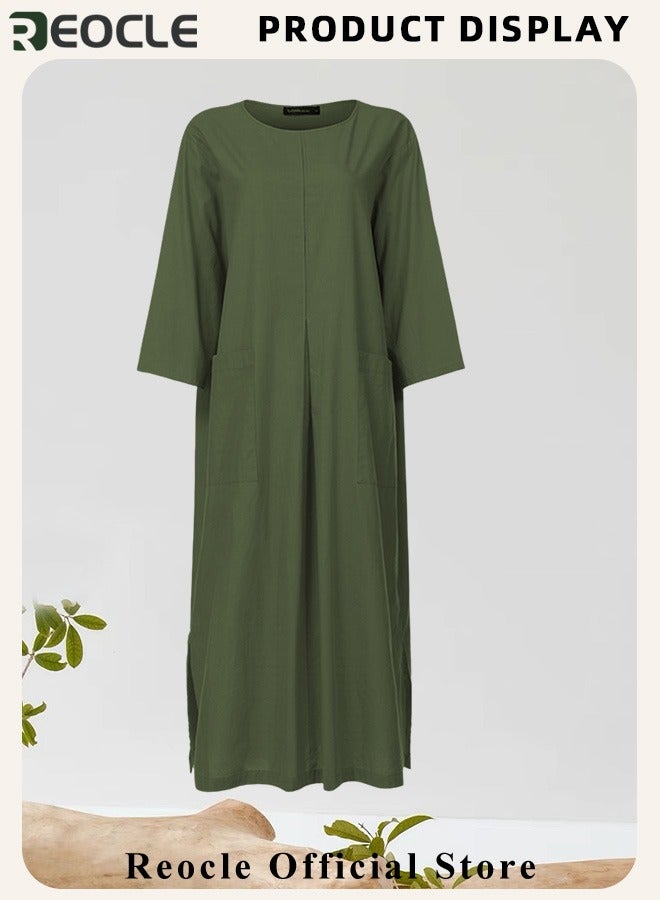 REOCLE Women's Maxi Dress Cotton Linen Dress Long Sleeve Casual Long Dress with Pockets Simple Loose Round Neck Dress  - Image 5