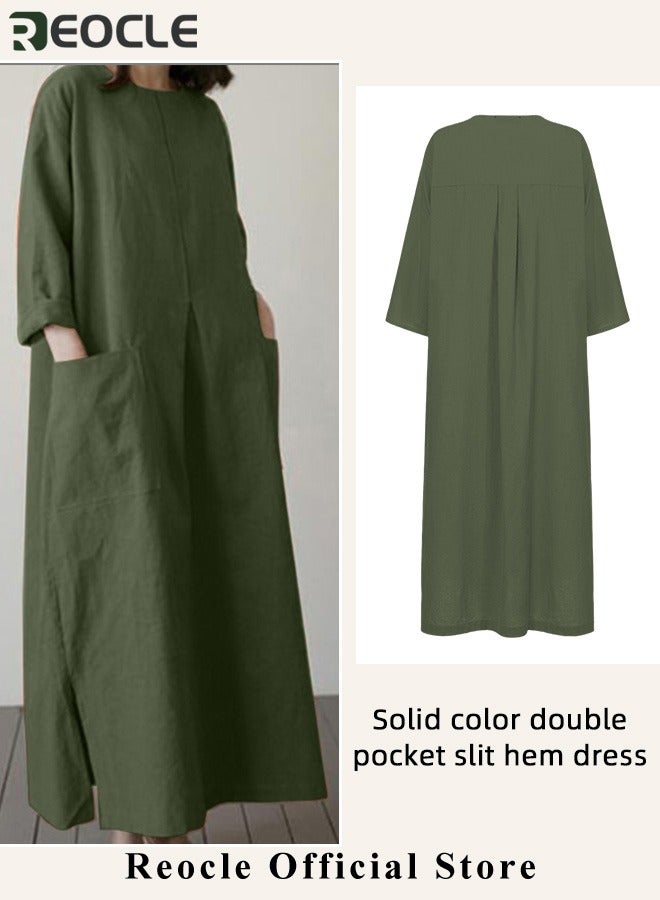 REOCLE Women's Maxi Dress Cotton Linen Dress Long Sleeve Casual Long Dress with Pockets Simple Loose Round Neck Dress  - Image 3
