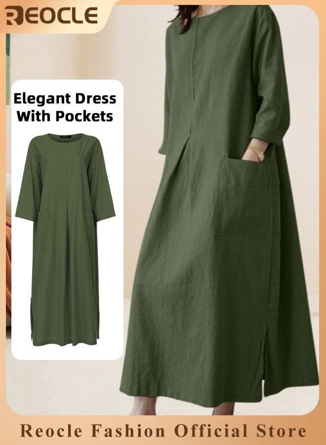 REOCLE Women's Maxi Dress Cotton Linen Dress Long Sleeve Casual Long Dress with Pockets Simple Loose Round Neck Dress  - Image 1