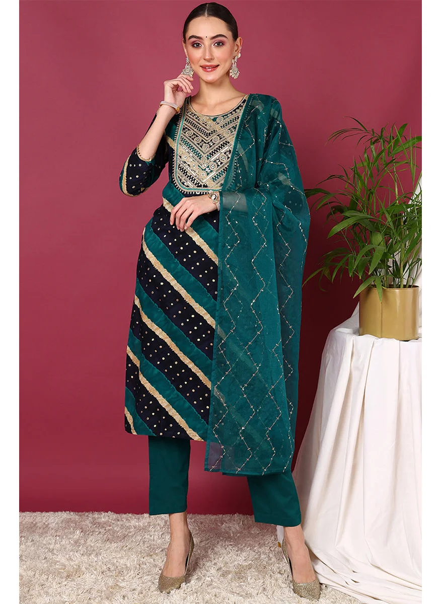 ZERESOUQ Navy Blue Viscose Rayon Leheriya Printed Suit Set