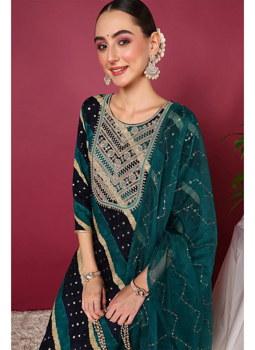 ZERESOUQ Navy Blue Viscose Rayon Leheriya Printed Suit Set