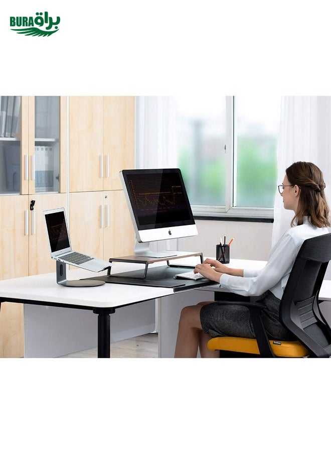 Monitor Stand Riser with Metal Feet for iMac MacBook LCD Display Printer, Lapdesk Tabletop Organizer Sturdy Platform Save Space(Dark Wood Grain)