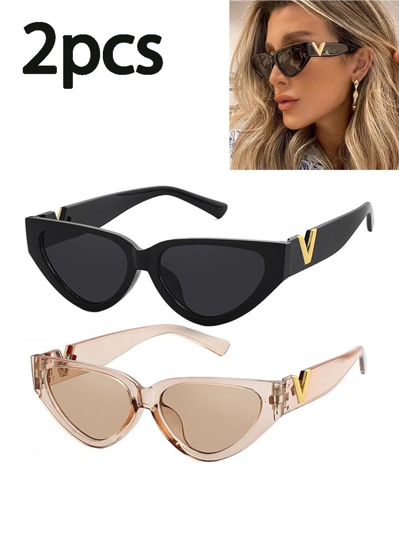 FRISKY Fashion Cat Eye Sunglasses for Women 90s Retro Trendy Y2K Aesthetic Vintage Small Black Shades 2 Pack - Image 1