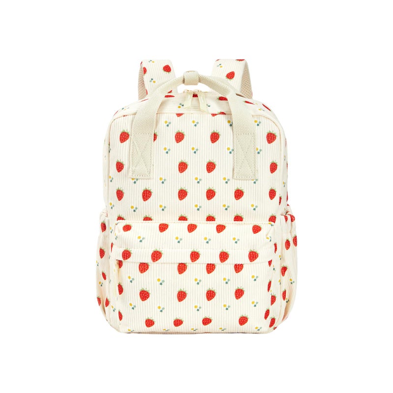 KingCheer Mini Corduroy Backpack Bookbag School Bag for Toddlers Girls and Boys Preschool Daycare Kindergarten 13'' H Lightweight Fits for Folder(Strawberry Daisy-Beige Corduroy) - Image 1
