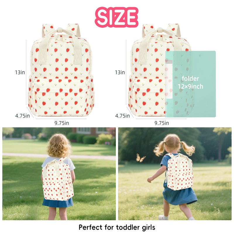 KingCheer Mini Corduroy Backpack Bookbag School Bag for Toddlers Girls and Boys Preschool Daycare Kindergarten 13'' H Lightweight Fits for Folder(Strawberry Daisy-Beige Corduroy) - Image 3
