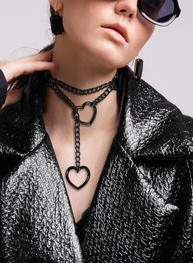 nylry 1PCS Black Choker Necklace for Women Leather Chokers Collar and Leash Set Goth Sexy Chokers for Women Heart Chain Choker Necklaces Jewelry Gift for Halloween Gothic Outfits Cosplay-double heart - Image 5