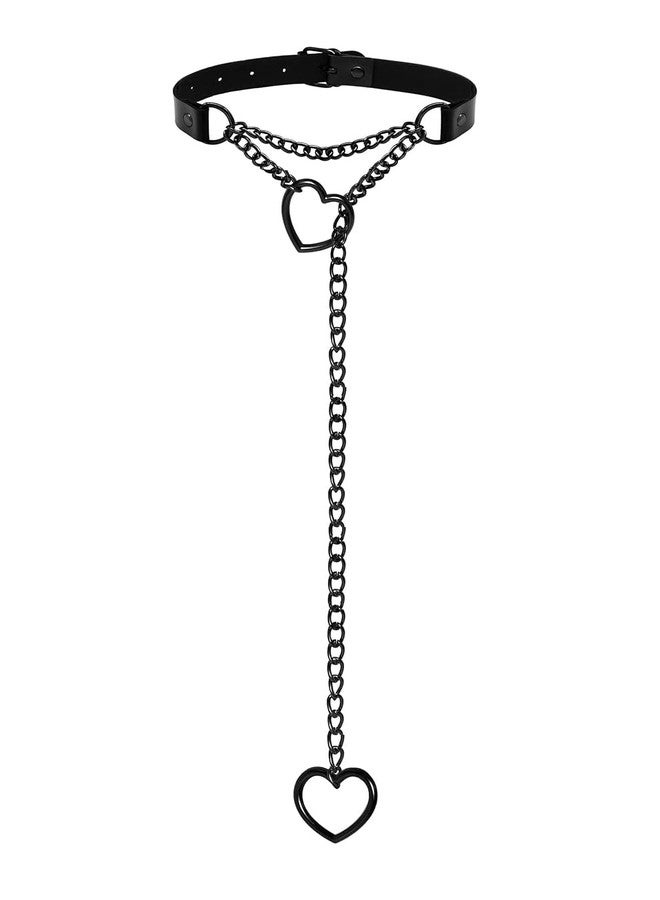 nylry 1PCS Black Choker Necklace for Women Leather Chokers Collar and Leash Set Goth Sexy Chokers for Women Heart Chain Choker Necklaces Jewelry Gift for Halloween Gothic Outfits Cosplay-double heart - Image 1