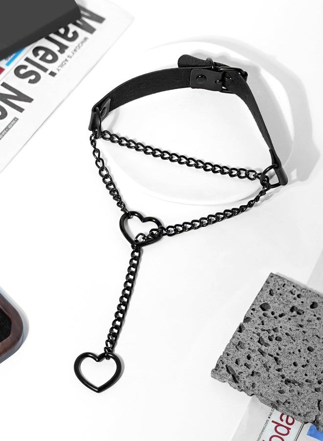 nylry 1PCS Black Choker Necklace for Women Leather Chokers Collar and Leash Set Goth Sexy Chokers for Women Heart Chain Choker Necklaces Jewelry Gift for Halloween Gothic Outfits Cosplay-double heart - Image 3