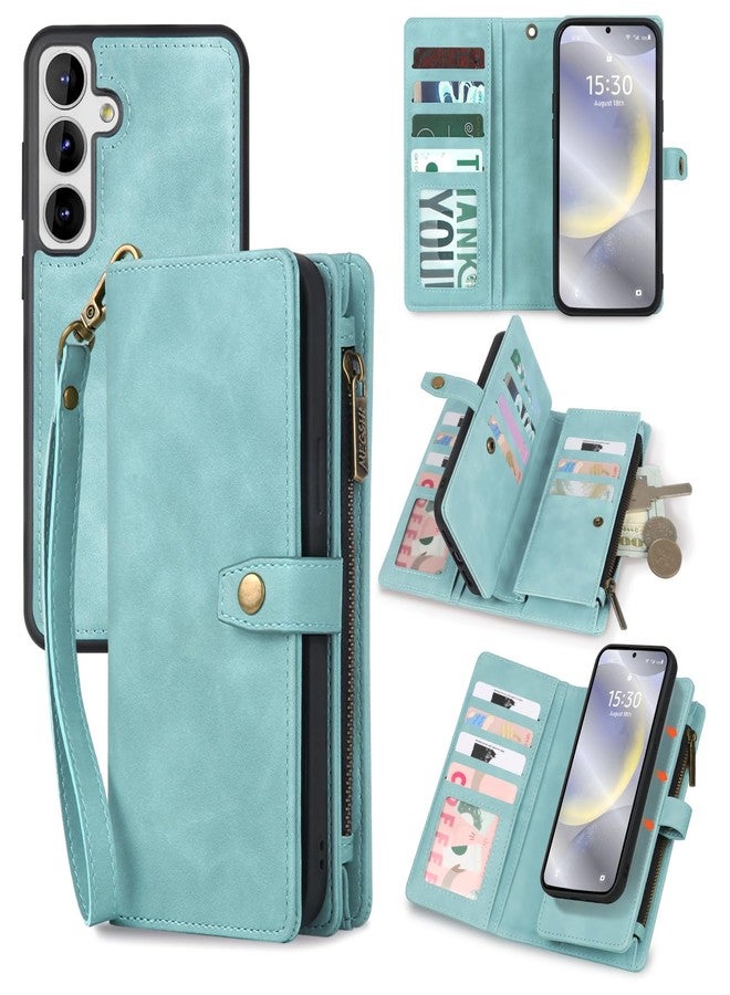 TwoHead for Samsung Galaxy S24 Wallet Case with Card Holder, Detachable Magnetic Phone Case for S24,PU Leather All-Round Protective Phone Case Wallet with Wrist Strap,Blue - Image 1