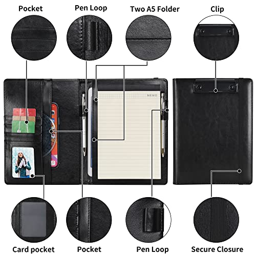 Wonderpool A5 PU Leather Clipboard Partfolio Recipe Binder Notepad Forms Holders Document Case - Interview Planner Meeting Writing Padfolio File for Office Travel School Hotel Restaurant (A5,Black) - Image 4