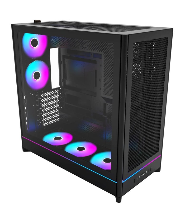 مونتك صندوق حاسوب الألعاب HS01 PRO (بمعيار ATX)، مزود بـ 5 مراوح GF120 V2 ARGB، ولوح زجاجي مقسّى، ومنفذ USB-C؛ يدعم اللوحات الأم ذات التوصيلات الخلفية (Back-Connect)، ويتسع لبطاقات رسوميات (GPU) بطول يصل إلى 420 مم ومبردات سائلة (Radiator) بمقاس 360 مم؛ اللون: أسود. - Image 1