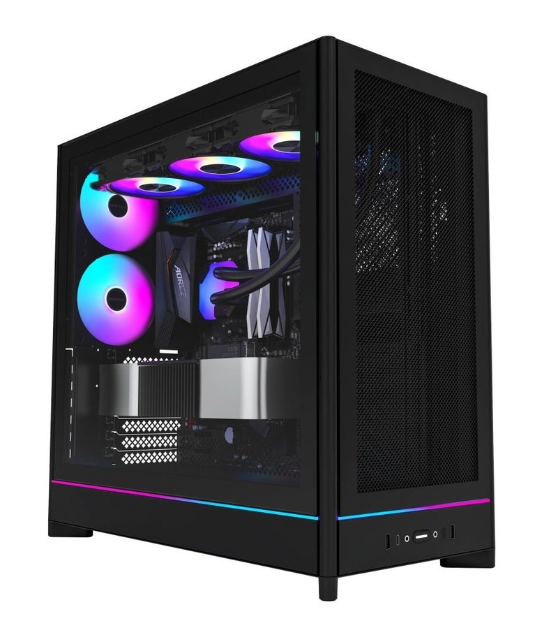 مونتك صندوق حاسوب الألعاب HS01 PRO (بمعيار ATX)، مزود بـ 5 مراوح GF120 V2 ARGB، ولوح زجاجي مقسّى، ومنفذ USB-C؛ يدعم اللوحات الأم ذات التوصيلات الخلفية (Back-Connect)، ويتسع لبطاقات رسوميات (GPU) بطول يصل إلى 420 مم ومبردات سائلة (Radiator) بمقاس 360 مم؛ اللون: أسود. - Image 2
