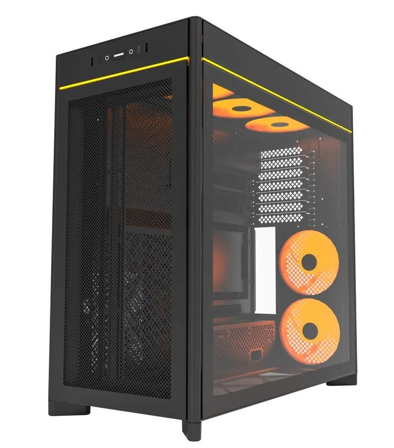 مونتك صندوق حاسوب الألعاب HS01 PRO (بمعيار ATX)، مزود بـ 5 مراوح GF120 V2 ARGB، ولوح زجاجي مقسّى، ومنفذ USB-C؛ يدعم اللوحات الأم ذات التوصيلات الخلفية (Back-Connect)، ويتسع لبطاقات رسوميات (GPU) بطول يصل إلى 420 مم ومبردات سائلة (Radiator) بمقاس 360 مم؛ اللون: أسود. - Image 3