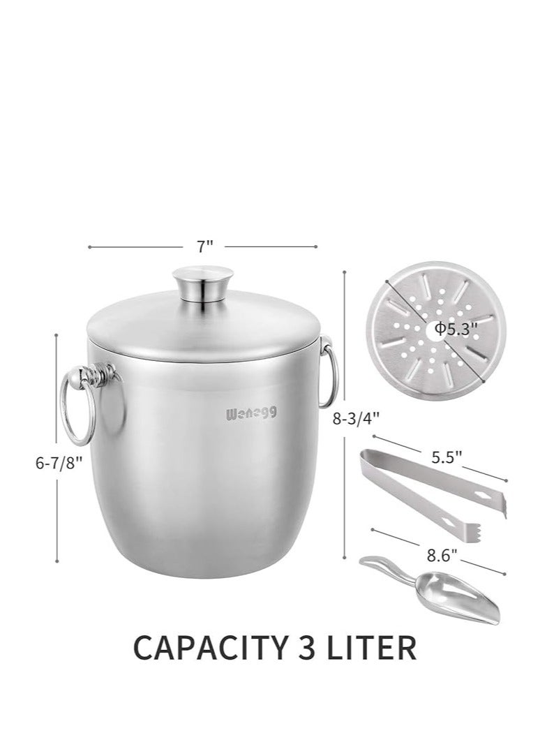 WENEGG 3L Insulated Stainless Steel Ice Bucket with Lid, Scoop, Tongs & Strainer - Keeps Ice Frozen for Cocktails & Parties - Image 2