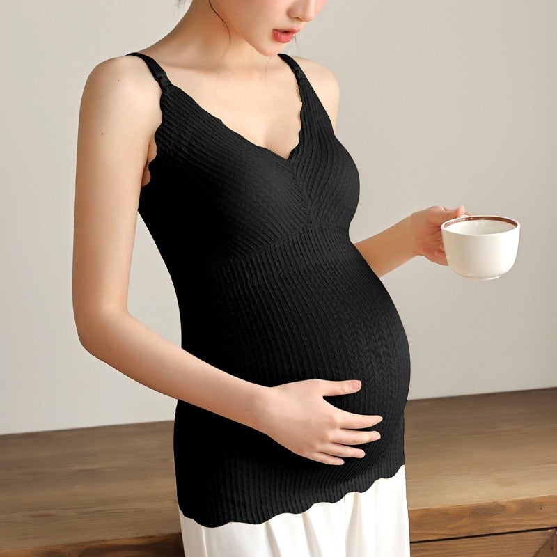 Mo Deng Yun Ma Maternity Nursing Vest Tank Top for Women - Summer Thin, V-Neck, Sleeveless, Adjustable Straps, Breastfeeding Cami with Lace Trim, Solid Color, Modest Coverage - Image 1