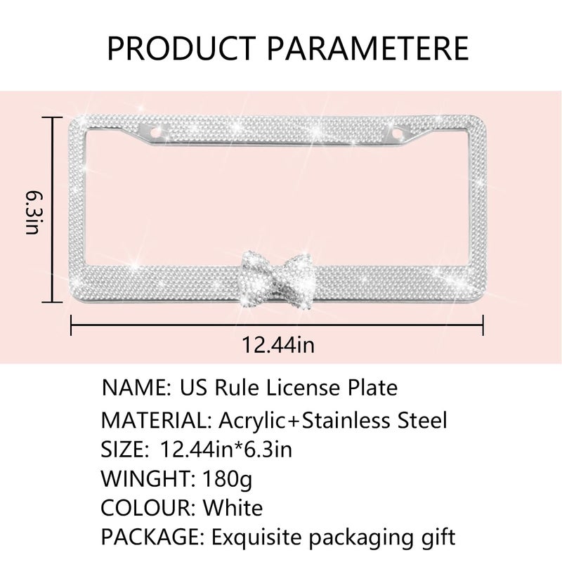 Sandfren Bling Car License Plate Frame for Women, 2PCS Crystal Rhinestone Stainless Steel Vehicle Plate Holder, Glitter Diamond Sparkly Auto Plate Cover Accessories, Universal Fit (White/White Bow) - Image 2