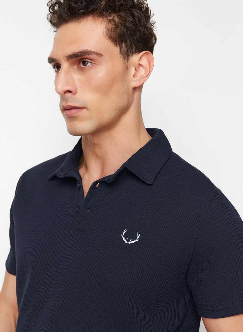 trendyol Navy Blue Textured Embroidered Polo Collar T-Shirt - Regular Cut TMNSS24PO00046 - Image 2
