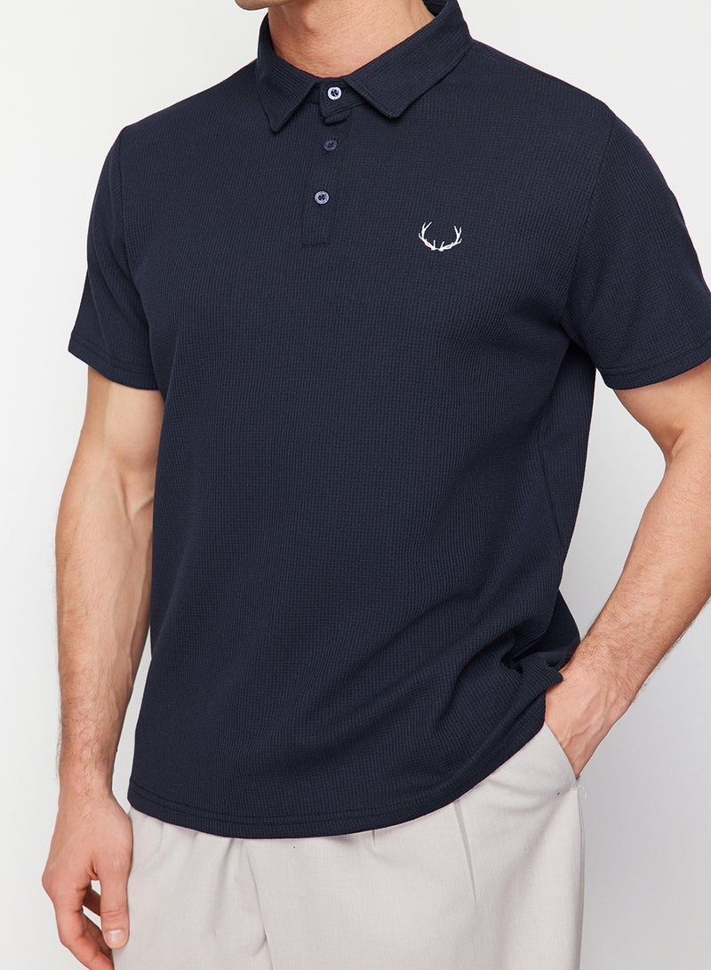 trendyol Navy Blue Textured Embroidered Polo Collar T-Shirt - Regular Cut TMNSS24PO00046 - Image 4