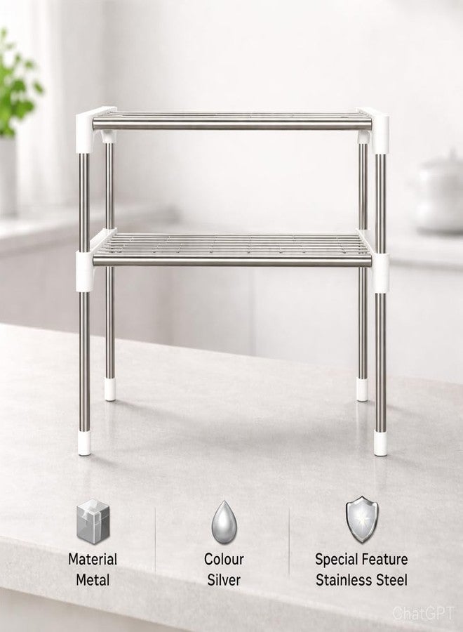 TARKAN Stainless Steel Microwave Oven Rack, 2-Tier Kitchen Storage Organizer, Silver, 57x30x48 cm, Holds 5 Kg Per Shelf - Image 4