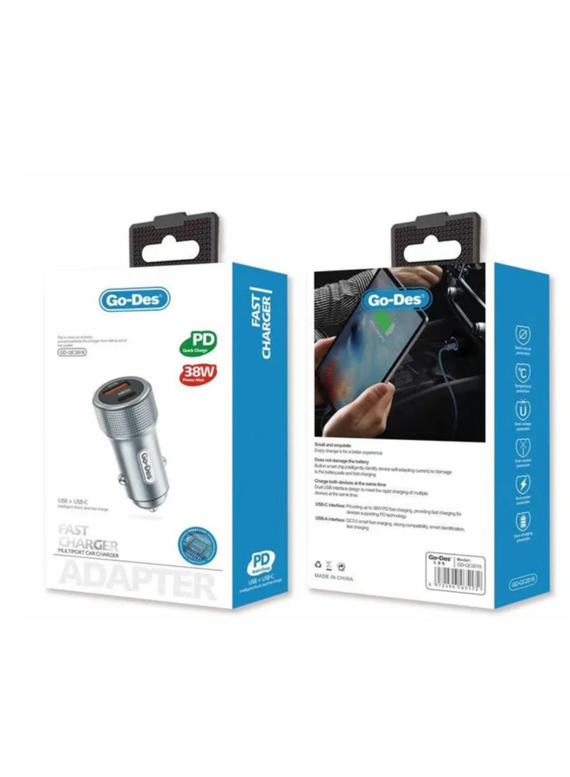 جو-ديز شاحن سيارة صغير بمنفذين PD Qc 3 Pd38w Qc3.0 20 وات 30 وات USB-C Type-c ثنائي المنفذ شاحن سيارة سجائر عالي السرعة QC 3.0 بمنفذين 3 أمبير 18 وات PD USB C شحن سريع - رمادي - Image 2