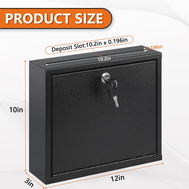 KYODOLED Suggestion Box with Lock and Slot, Wall Mounted Small Mailbox for Office, Key Drop Box with 50 Free Suggestion Cards, Safe Lock Box, Ballot Box, Donation Box, 3W x 10H x 12L Inch, Black - Image 2