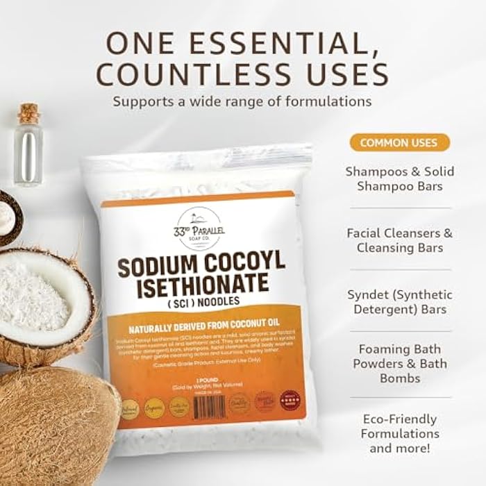 33RD PARALLEL SOAP CO. Sodium Cocoyl Isethionate (SCI) Noodles (2 Lbs / 32oz) | Natural Gentle Coconut-Based Cleanser, Sulfate-Free Surfactant for Shampoo Bars, Body Wash, Facial Cleanser & Syndet Bars | 2 POUNDS - Image 2