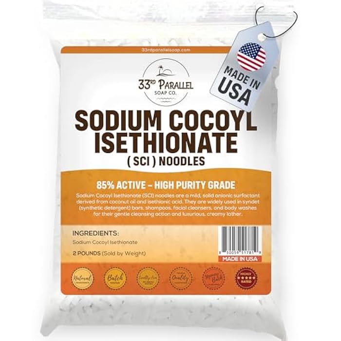 33RD PARALLEL SOAP CO. Sodium Cocoyl Isethionate (SCI) Noodles (2 Lbs / 32oz) | Natural Gentle Coconut-Based Cleanser, Sulfate-Free Surfactant for Shampoo Bars, Body Wash, Facial Cleanser & Syndet Bars | 2 POUNDS - Image 1