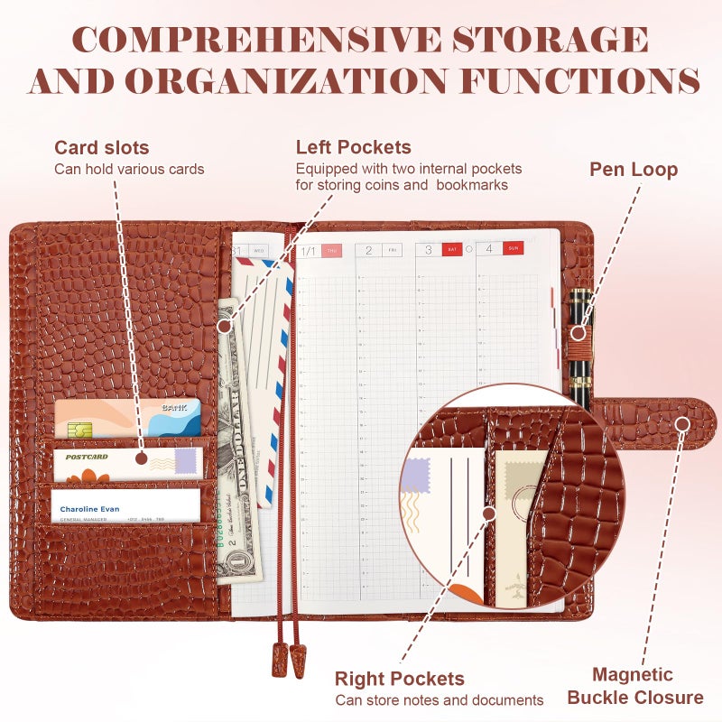SKLENICE PU Leather Cover for A5 Notebooks Brown Planner Cover Compatible with Hobonichi Cousin Stalogy and MD A5 Journal Cover with Pen Loop Pockets for Refillable Notebook Planner - Image 4