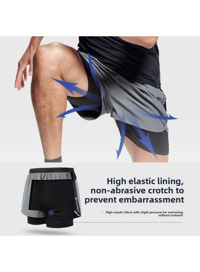Men's Swimming Trunks Double-layer Anti-embarrassment Quick-drying Breathable Three-point Shorts Hot Spring Swimsuit Beach Pants Surfing Cross-border-Color:Gray + 【new-double Layer Anti-embarrassmen - Image 4