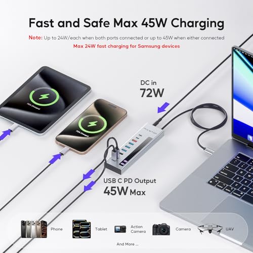 PULWTOP Powered USB C Hub, 10-in-1 USB 3.2 Data Hub with 3 x USB A/C 10Gbps, 3 x USBA 5Gbps, USB A 2.0, 100W PD-in, 2 x 24/45W Type-C Charging Ports (72W Adapter Included) - Image 4