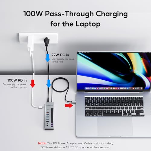 PULWTOP Powered USB C Hub, 10-in-1 USB 3.2 Data Hub with 3 x USB A/C 10Gbps, 3 x USBA 5Gbps, USB A 2.0, 100W PD-in, 2 x 24/45W Type-C Charging Ports (72W Adapter Included) - Image 5