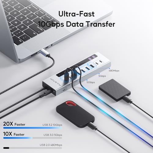 PULWTOP Powered USB C Hub, 10-in-1 USB 3.2 Data Hub with 3 x USB A/C 10Gbps, 3 x USBA 5Gbps, USB A 2.0, 100W PD-in, 2 x 24/45W Type-C Charging Ports (72W Adapter Included) - Image 3