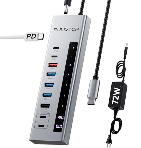 PULWTOP Powered USB C Hub, 10-in-1 USB 3.2 Data Hub with 3 x USB A/C 10Gbps, 3 x USBA 5Gbps, USB A 2.0, 100W PD-in, 2 x 24/45W Type-C Charging Ports (72W Adapter Included) - Image 1