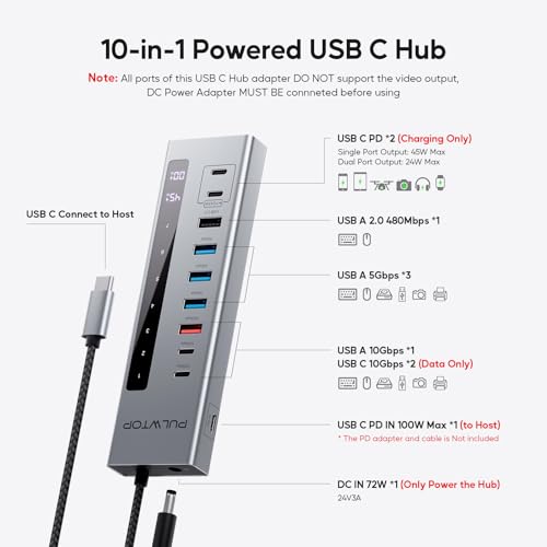PULWTOP Powered USB C Hub, 10-in-1 USB 3.2 Data Hub with 3 x USB A/C 10Gbps, 3 x USBA 5Gbps, USB A 2.0, 100W PD-in, 2 x 24/45W Type-C Charging Ports (72W Adapter Included) - Image 2