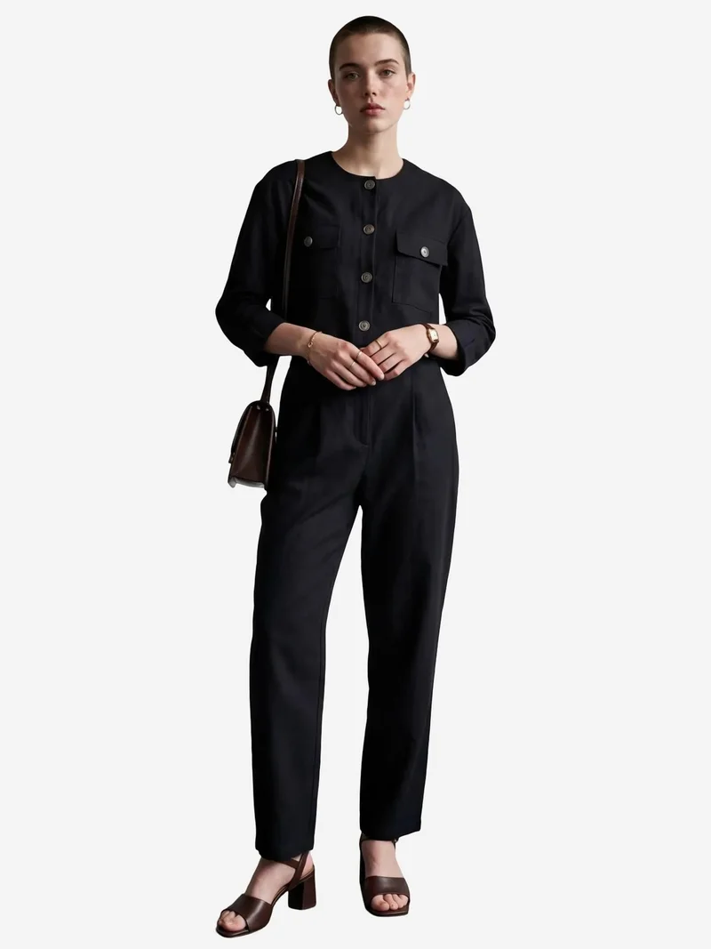 MY FASHION Black MY FASHION Crew Neck Buttoned Pocket Two-Piece Set for Women | Best Price UAE