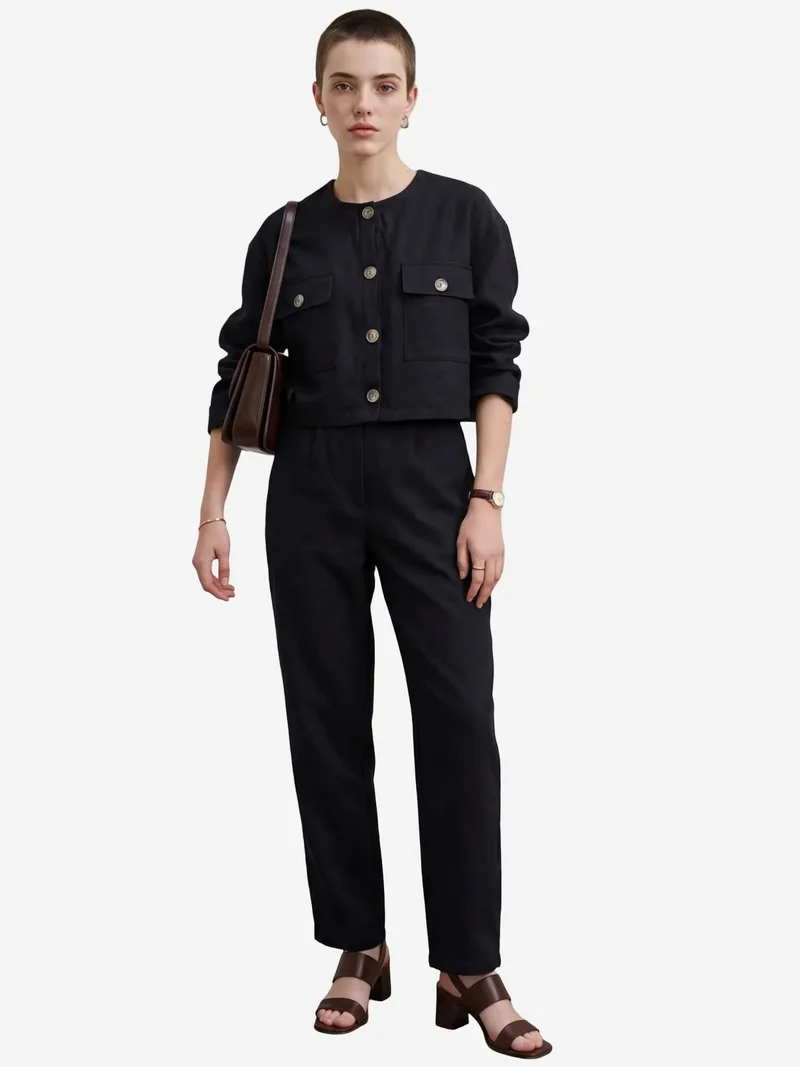 MY FASHION Crew Neck Buttoned Pocket Two-Piece Set
