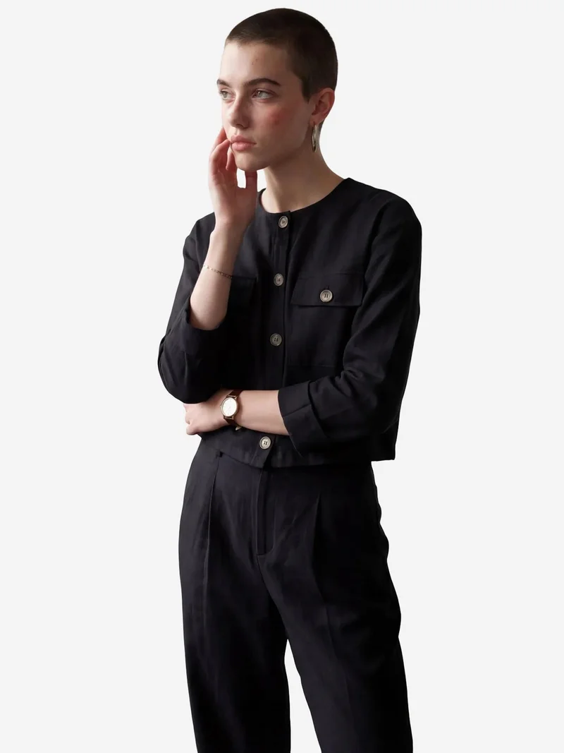 MY FASHION Black MY FASHION Crew Neck Buttoned Pocket Two-Piece Set for Women | Best Price UAE
