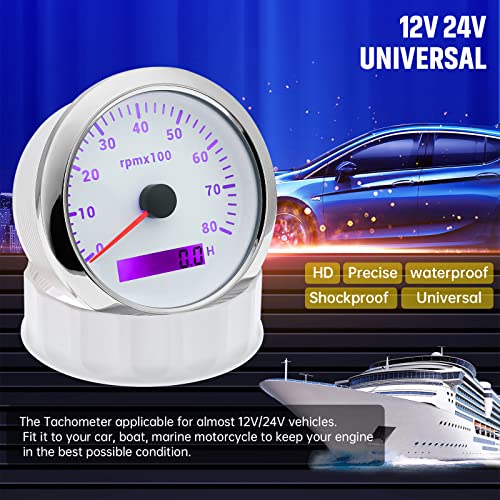 ARTILAURA Tachometer Boat Tacometro 85mm 3-3/8" 7 Color LED 8000 RPM Gauge for Car AUTO Marine Truck 9-32V (White) - Image 3