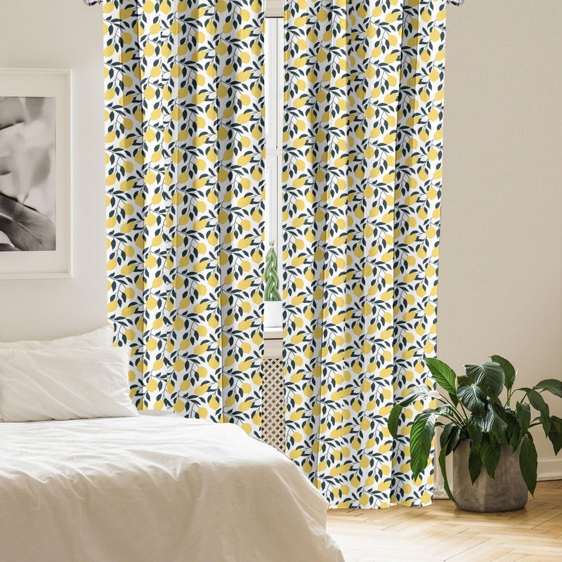 Ambesonne Lemons Curtains  Illustration of Repetitive Sour Citrus Fruits with Leaves  Window Treatments 2 Panel Set for Living Room Bedroom  Pair of - 28"" x 63""  Blue Petrol - Image 4