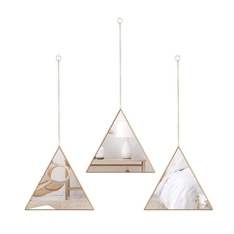 HOME ELEMENTS Plastic Triangular Wall Mirror Set with Hanging Chain (Pack of 3), Modern Decorative Golden Frame Mirror for Aesthetic Room Decor, Bathroom, Bedroom, Living Room (Triangle) - Image 1