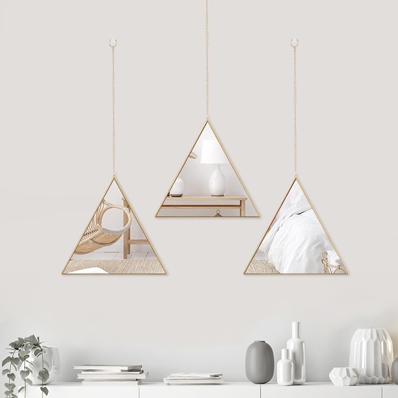 HOME ELEMENTS Plastic Triangular Wall Mirror Set with Hanging Chain (Pack of 3), Modern Decorative Golden Frame Mirror for Aesthetic Room Decor, Bathroom, Bedroom, Living Room (Triangle) - Image 2