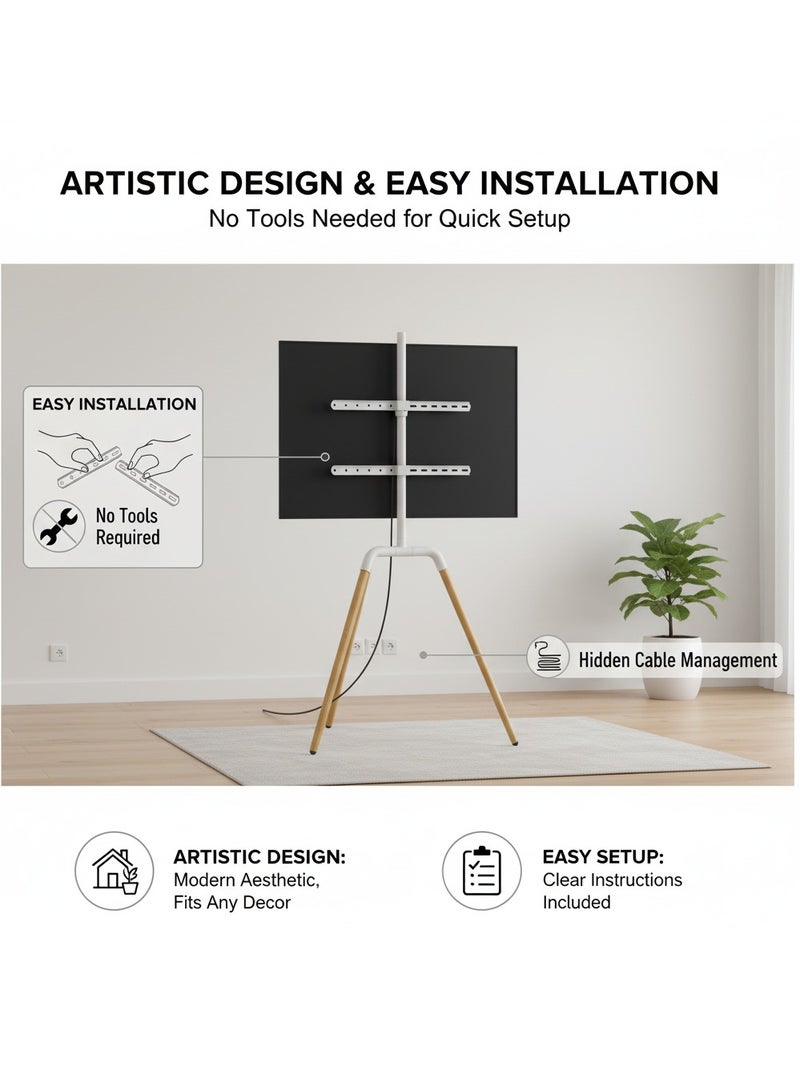 FlashHawk Tripod TV Screen Stand for 32-65 Inch TVs, Portable Swivel TV Stand Mount, Height Adjustable, Concealed Cable Management, Max Load 45Kg - White - Image 5