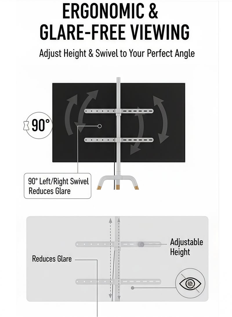 FlashHawk Tripod TV Screen Stand for 32-65 Inch TVs, Portable Swivel TV Stand Mount, Height Adjustable, Concealed Cable Management, Max Load 45Kg - White - Image 4