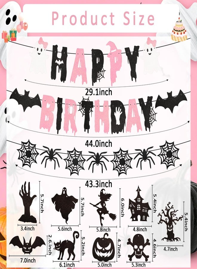 Hapdoo 14pcs Halloween Theme Birthday Decorations Set - Black Pink Happy Birthday Letter Spider Banner, Ghost Pumpkin Bat Black Cat Pattern Hanging Swirls Streamers for Women Girls - Image 2