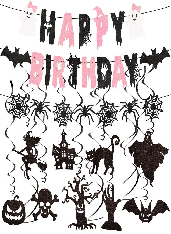 Hapdoo 14pcs Halloween Theme Birthday Decorations Set - Black Pink Happy Birthday Letter Spider Banner, Ghost Pumpkin Bat Black Cat Pattern Hanging Swirls Streamers for Women Girls - Image 1