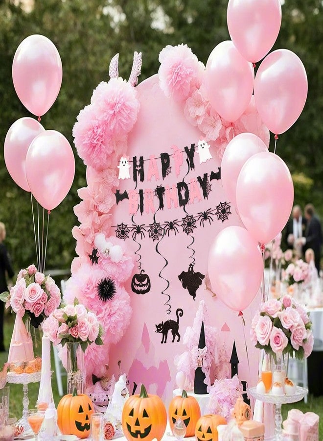 Hapdoo 14pcs Halloween Theme Birthday Decorations Set - Black Pink Happy Birthday Letter Spider Banner, Ghost Pumpkin Bat Black Cat Pattern Hanging Swirls Streamers for Women Girls - Image 5
