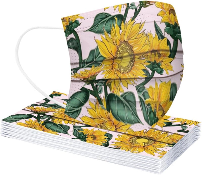 woobles 50PC Sunflower Disposable Face Masks for Women Adults with Design Flower Paper Masks Full Face Protection D - Image 3