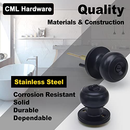 CML Hardware (2 Pack) Privacy Door Knob for Bedroom and Bathroom, Stainless Steel Keyless Door Locks for Bed/Bath, Round Ball Handle, Matte Black - Image 2
